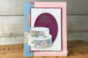 Coffee & Crafts Class: Sweet Soiree Birthday | Stampin Up Demonstrator Linda Cullen | Crafty Stampin’ | Purchase your Stampin’ Up Supplies | Cake Soiree Stamp Set | Sweet Cake Framelits | Sweet Soiree Specialty Designer Series Paper | Stitched Shapes Framelits | Scattered Sequins Embossing Folder