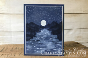 Waterfront Nighttime | Spring Sampler | Stampin Up Demonstrator Linda Cullen | Crafty Stampin’ | Purchase your Stampin’ Up Supplies | Waterfront Stamp Set | Whisper White Craft Ink | White Stampin’ Embossing Powder