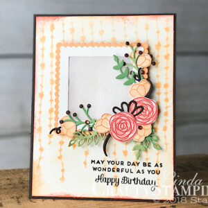 Cake Soiree Birthday Frame | Spring Sampler | Stampin Up Demonstrator Linda Cullen | Crafty Stampin’ | Purchase your Stampin’ Up Supplies | Cake Soiree Stamp Set | Sweet Cake Framelits | Sweet Soiree Decorative Mask | Layering Square Framelits