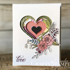 Coffee & Crafts Class: Lovely Friends and Sweet Soiree Hearts and Flowers | Spring Sampler | Stampin Up Demonstrator Linda Cullen | Crafty Stampin’ | Purchase your Stampin’ Up Supplies | Lovely Friends Stamp Set | | Sweet & Sassy Framelits | Sweet Soiree Speciality Designer Series Paper | Sweet Soiree Embellishment Kit