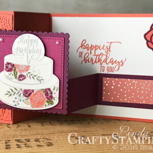 Cake Soiree Z-fold | Stampin Up Demonstrator Linda Cullen | Crafty Stampin’ | Purchase your Stampin’ Up Supplies | Cake Soiree Stamp Set | Picture Perfect Birthday Stamp Set | Sweet Soiree Specialty Designer Series Paper | Sweet Cake Framelits Dies | Layering Squares Framelits Dies | Petal Pair Impressions Embossing Folder
