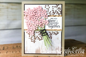 Coffee & Crafts Class: Beautiful Bouquet Wedding Card | Stampin Up Demonstrator Linda Cullen | Crafty Stampin’ | Purchase your Stampin’ Up Supplies | Beautiful Bouquet Stamp Set | Bouquet bunch Framelits Dies | Wood Texture Designer Series Paper | Copper Embossing Powder