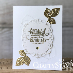Gold Enjoy Life | Stampin Up Demonstrator Linda Cullen | Crafty Stampin’ | Purchase your Stampin’ Up Supplies | Enjoy Life Stamp Set | Nature’s Root Framelits Dies | Stitched Labels Framelits | Gold Metallic Thread