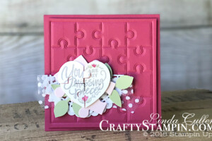 Coffee & Crafts Class: Missing Pieces - Catalog CASE | Stampin Up Demonstrator Linda Cullen | Crafty Stampin’ | Purchase your Stampin’ Up Supplies | Love You To Pieces Stamp Set | Puzzle Pieces Thinlits | Leaf Punch | Whisper White Polka Dot Tulle Ribbon | Big Shot Embossing Mat