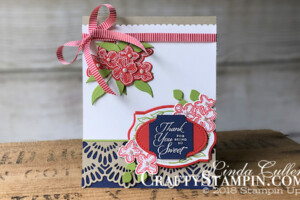 Crazy Crafters Blog Hop w/ Special Guest.....Me!!!! | Stampin Up Demonstrator Linda Cullen | Crafty Stampin’ | Purchase your Stampin’ Up Supplies | Floral Frames Stamp Set | Treat Time Stamp Set | Delicate Lace Edgelits Dies | Stitched Shapes Framelits Dies | Foliage Frame Framelits Dies | Decorative Ribbon Border Punch | Darling Label Punch | Poppy Parade 1/4 Mini Striped Ribbon