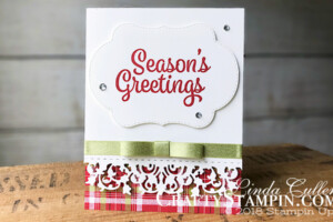 Coffee & Crafts Class: Snowflake Sentiments with Delicate Lace Edgelits | Stampin Up Demonstrator Linda Cullen | Crafty Stampin’ | Purchase your Stampin’ Up Supplies | Snowflake Sentiments Stamp Set | Under the Mistletoe Designer Series Paper | Delicate Lace Edgelits | Stitched Seasons Framelits Dies | Pear Pizzaz 3/8 Shimmer Ribbon