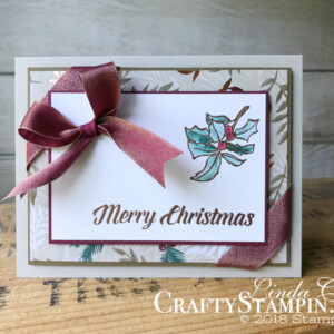 Timeless Tidings Project Kit - Stampin Scoop - Episode 62 | Stampin Up Demonstrator Linda Cullen | Crafty Stampin’ | Purchase your Stampin’ Up Supplies | Timeless Tidings Stamp Set | Joyous Noel Specialty Designer Series Paper | Copper Embossing Powder | Wink of Stella | Merry Merlot & Copper 5/8 Reversible Ribbon