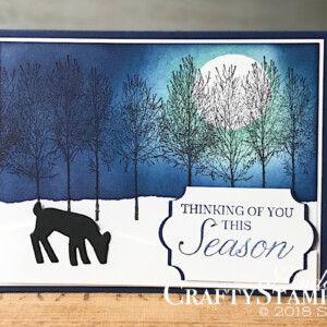 Coffee & Crafts Class: Night Winter Woods | Stampin Up Demonstrator Linda Cullen | Crafty Stampin’ | Purchase your Stampin’ Up Supplies | Winter Woods Stamp Set | Farmhouse Framelits | Detailed Deer Thinlits | Everyday Label Punch | Stampin Sponge |