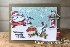 Coffee & Crafts Class: Signs of Santa | Stampin Up Demonstrator Linda Cullen | Crafty Stampin’ | Purchase your Stampin’ Up Supplies | Signs of Santa Stamp Set | Santa’s Signpost Framelits | In the Woods Framelits Die | Frost White Shimmer Paint | Santa’s Workshop Enamel Shapes