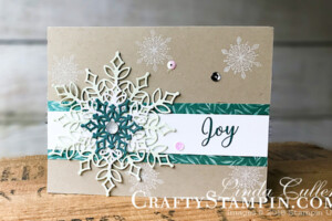 Snowflake Showcase - Soft Sea Foam Snowflake | Stampin Up Demonstrator Linda Cullen | Crafty Stampin’ | Purchase your Stampin’ Up Supplies | Snow Is Glistening stamp set | Snowfall Thinlits Dies | Frosted Floral Specialty Designer Series Paper | Clear Faceted Gems
