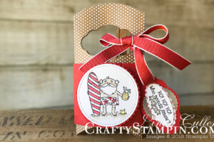 Coffee & Crafts Class: So Santa Gift Pillow Box | Stampin Up Demonstrator Linda Cullen | Crafty Stampin’ | Purchase your Stampin’ Up Supplies | So Santa Stamp Set | Candy Cane Season Stamp Set | Stitched Shape Framelits | Layering Circles Framelits | Tufted Dynamic Textured Impressions Embossing Folder | Pretty Label Punch | Poppy Parade Textured Weave Ribbon