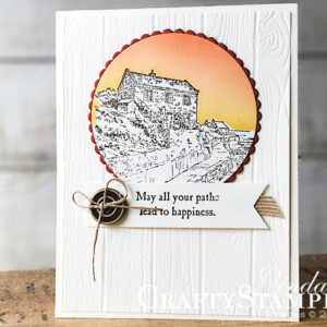 By The Bay Sunset Sky | Stampin Up Demonstrator Linda Cullen | Crafty Stampin’ | Purchase your Stampin’ Up Supplies | By The Bay Stamp Set | Layering Circle Framelits | Pinewood Planks Dynamic Texture Impressions Embossing Folder | Linen Thread | 5/8 Burlap Ribbon | True Gentleman
