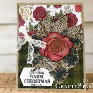 Stampin Scoop Christmas Time I Here Suite | Stampin Up Demonstrator Linda Cullen | Crafty Stampin’ | Purchase your Stampin’ Up Supplies | Christmas Rose Stamp Set | Christmastime Is Here Specialty Designer Series Paper | Gold Foil | Rose Dies | Gold Shimmer Ribbon | Gold Enamel Dots