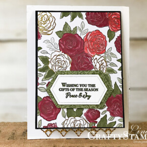 Stampin Scoop Christmas Time I Here Suite | Stampin Up Demonstrator Linda Cullen | Crafty Stampin’ | Purchase your Stampin’ Up Supplies | Christmas Rose Stamp Set | Christmastime Is Here Specialty Designer Series Paper | Gold Foil | Rose Dies | Gold Shimmer Ribbon | Gold Enamel Dots