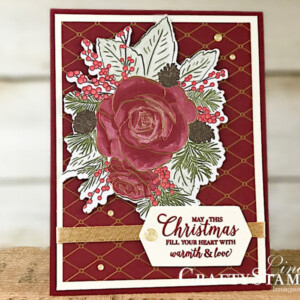 Stampin Scoop Christmas Time I Here Suite | Stampin Up Demonstrator Linda Cullen | Crafty Stampin’ | Purchase your Stampin’ Up Supplies | Christmas Rose Stamp Set | Christmastime Is Here Specialty Designer Series Paper | Gold Foil | Rose Dies | Gold Shimmer Ribbon | Gold Enamel Dots