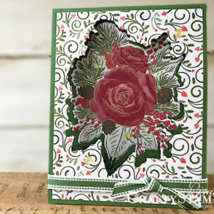 Stampin Scoop Christmas Time I Here Suite | Stampin Up Demonstrator Linda Cullen | Crafty Stampin’ | Purchase your Stampin’ Up Supplies | Christmas Rose Stamp Set | Christmastime Is Here Specialty Designer Series Paper | Gold Foil | Rose Dies | Gold Shimmer Ribbon | Gold Enamel Dots