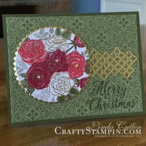 Stampin Scoop Christmas Time I Here Suite | Stampin Up Demonstrator Linda Cullen | Crafty Stampin’ | Purchase your Stampin’ Up Supplies | Christmas Rose Stamp Set | Christmastime Is Here Specialty Designer Series Paper | Gold Foil | Rose Dies | Gold Shimmer Ribbon | Gold Enamel Dots
