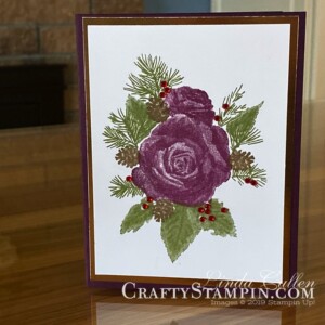 Stampin Scoop Christmas Time I Here Suite | Stampin Up Demonstrator Linda Cullen | Crafty Stampin’ | Purchase your Stampin’ Up Supplies | Christmas Rose Stamp Set | Christmastime Is Here Specialty Designer Series Paper | Gold Foil | Rose Dies | Gold Shimmer Ribbon | Gold Enamel Dots