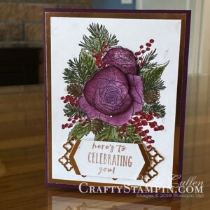 Stampin Scoop Christmas Time I Here Suite | Stampin Up Demonstrator Linda Cullen | Crafty Stampin’ | Purchase your Stampin’ Up Supplies | Christmas Rose Stamp Set | Christmastime Is Here Specialty Designer Series Paper | Gold Foil | Rose Dies | Gold Shimmer Ribbon | Gold Enamel Dots