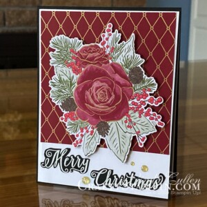 Stampin Scoop Christmas Time I Here Suite | Stampin Up Demonstrator Linda Cullen | Crafty Stampin’ | Purchase your Stampin’ Up Supplies | Christmas Rose Stamp Set | Christmastime Is Here Specialty Designer Series Paper | Gold Foil | Rose Dies | Gold Shimmer Ribbon | Gold Enamel Dots