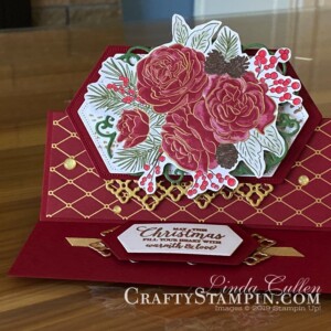 Stampin Scoop Christmas Time I Here Suite | Stampin Up Demonstrator Linda Cullen | Crafty Stampin’ | Purchase your Stampin’ Up Supplies | Christmas Rose Stamp Set | Christmastime Is Here Specialty Designer Series Paper | Gold Foil | Rose Dies | Gold Shimmer Ribbon | Gold Enamel Dots