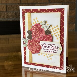 Stampin Scoop Christmas Time I Here Suite | Stampin Up Demonstrator Linda Cullen | Crafty Stampin’ | Purchase your Stampin’ Up Supplies | Christmas Rose Stamp Set | Christmastime Is Here Specialty Designer Series Paper | Gold Foil | Rose Dies | Gold Shimmer Ribbon | Gold Enamel Dots