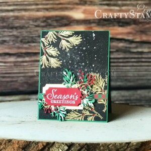 Stamp It Group 2019 Christmas/Holiday Blog Hop Paper Pumpkin Kit | Stampin Up Demonstrator Linda Cullen | Crafty Stampin’ | Purchase your Stampin’ Up Supplies | Peaceful Boughs Stamp Set | Frosted Bouquet Dies | Christmas Cardinal Dies | Beautiful Boughs Dies | Snowfall Accents Puff Paint | Gold Foil Sheets | Holiday Rhinestone Basic Jewels