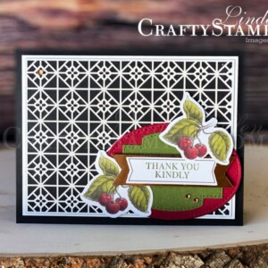 Botanical Prints Thank You Kindly Cherries | Stampin Up Demonstrator Linda Cullen | Crafty Stampin’ | Purchase your Stampin’ Up Supplies | Botanical Prints Product Medley | Stitched Shape Dies | So Sweetly Stitched Dies