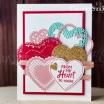 Heartfelt From My Heart | Stampin Up Demonstrator Linda Cullen | Crafty Stampin’ | Purchase your Stampin’ Up Supplies | Heartfelt Stamp Set | Heart Punch Pack | Petal Pink 1/4” Metallic-Edge Ribbon | Stitched Be Mine Dies | Heart Doilies