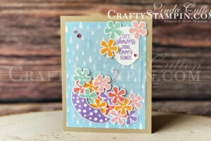 Under My Umbrella - Pleased As Punch | Stampin Up Demonstrator Linda Cullen | Crafty Stampin’ | Purchase your Stampin’ Up Supplies | Under My Umbrella Stamp Set | Pleased As Punch Designer Series Paper | Umbrella Builder Punch | Small Bloom Punch | Timeless Label Punch | Noble Peacock Rhinestones