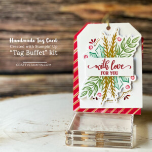 Handmade Holiday Gift Tags with Stampin' Up! Tag Buffet Kit - Episode 108 | Stampin Up Demonstrator Linda Cullen | Crafty Stampin’ | Purchase your Stampin’ Up Supplies | Tag Buffet Stamp Set | Tag Buffet Project Kit | ’Tis the Season Designer Series Paper | Red & Green Foil Sheets | Stampin’ Blends | Champagne Rhinestone Basic Jewels |