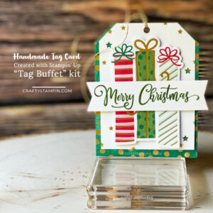 Handmade Holiday Gift Tags with Stampin' Up! Tag Buffet Kit - Episode 108 | Stampin Up Demonstrator Linda Cullen | Crafty Stampin’ | Purchase your Stampin’ Up Supplies | Tag Buffet Stamp Set | Tag Buffet Project Kit | ’Tis the Season Designer Series Paper | Red & Green Foil Sheets | Stampin’ Blends | Champagne Rhinestone Basic Jewels |
