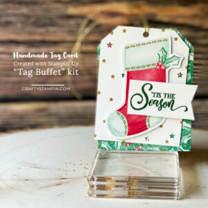 Handmade Holiday Gift Tags with Stampin' Up! Tag Buffet Kit - Episode 108 | Stampin Up Demonstrator Linda Cullen | Crafty Stampin’ | Purchase your Stampin’ Up Supplies | Tag Buffet Stamp Set | Tag Buffet Project Kit | ’Tis the Season Designer Series Paper | Red & Green Foil Sheets | Stampin’ Blends | Champagne Rhinestone Basic Jewels |