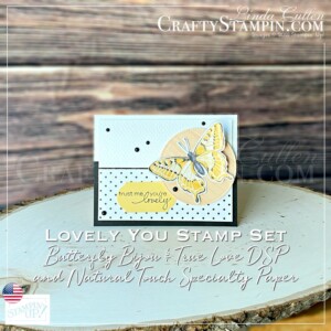 STAMPIN SCOOP BUTTERFLY BOUQUET | Stampin Up Demonstrator Linda Cullen | Crafty Stampin’ | Purchase your Stampin’ Up Supplies | Lovely You Cling Stamp Set (En) [152525] | Butterfly Bijou 6" X 6" Designer Series Paper [156824] | True Love Designer Series Paper [154281] | Natural Touch Specialty Paper [156825] | Brilliant Wings Dies [155523] - Price: $44.00 | Stitched Shapes Dies [152323] - Price: $30.00 | Tasteful Textile 3D Embossing Folder [152718] | Timeless Label Punch [149516] | Matte Black Dots [154284] |