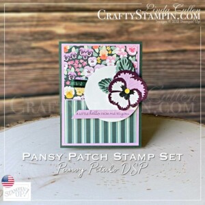 Coffee & Crafts: Pansy Petals Suite Introduction | Stampin Up Demonstrator Linda Cullen | Crafty Stampin’ | Purchase your Stampin’ Up Supplies | Pansy Patch Stamp Set #154999 | Pansy Dies #155680 | Pansy Petals Designer Series Paper #155807 | Pansy Patch Bundle | Pansy Petals Suite #155810 | Bumblebee Trinkets |