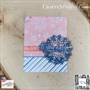 You Can Create It - International Challenge & Inspiration - December 2021 | Join Stampin’ Up! | Frequently Asked Questions about becoming a Stampin’ Up! Demonstrator | Join the Craft Stampin’ Crew | Stampin Up Demonstrator Linda Cullen | Crafty Stampin’ | Purchase Stampin’ Up! Product | FAQ about Paper Pumpkin Happiest Of Birthdays Stamp Set [152539] | Whimsy & Wonder Specialty DSP [156329] | Encircled In Beauty Dies [155546] | Wonderful Snowflakes [156340] | Opal Rounds [154289] | Blushing Bride 3/8'' Frayed Grosgrain Ribbon [156341] | Metallics Embossing Powders [155555] |