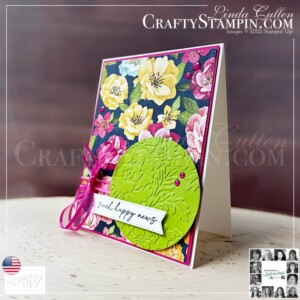 Honeybee Home - You Can Create It - International Challenge & Inspiration - July 2022 | Join Stampin’ Up! | Frequently Asked Questions about becoming a Stampin’ Up! Demonstrator | Join the Craft Stampin’ Crew | Stampin Up Demonstrator Linda Cullen | Crafty Stampin’ | Purchase Stampin’ Up! Product | FAQ about Paper Pumpkin Honeybee Home Cling Stamp Set [157943] | Hues Of Happiness 12" X 12" Designer Series Paper [158822] | Pretty Flowers Embossing Folder [155428] | Layering Circles Dies [151770] | Stylish Shapes Dies [159183] | Glossy Dots Assortment [158827] | Polished Pink 3/8" Open Weave Ribbon [155714] |