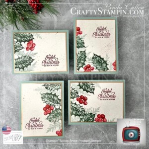 Stampin Scoop Boughs of Holly Suite Episode 149 | Join Stampin’ Up! | Frequently Asked Questions about becoming a Stampin’ Up! Demonstrator | Join the Craft Stampin’ Crew | Stampin Up Demonstrator Linda Cullen | Crafty Stampin’ | Purchase Stampin’ Up! Product | FAQ about Paper Pumpkin | Boughs Of Holly Suite Collection [159612] | Leaves Of Holly Bundle [159608] | Leaves Of Holly Photopolymer Stamp Set [159601] | Merriest Moments Photopolymer Stamp Set [156353] | Shimmery White 8-1/2" X 11" Cardstock [101910] | Copper Foil Sheets [142020] | Distressed Gold 12" X 12" Specialty Paper [159237] | Kraft Gift Boxes [156569] | Basic White Medium Envelopes [159236] | Wink Of Stella Clear Glitter Brush [141897] | Water Painters [151298] | Seasonal Labels Dies [156299] |