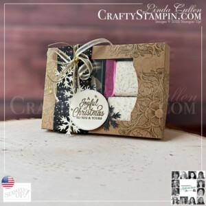 You Can Create It - International Challenge & Inspiration - December 2022 | Join Stampin’ Up! | Frequently Asked Questions about becoming a Stampin’ Up! Demonstrator | Join the Craft Stampin’ Crew | Stampin Up Demonstrator Linda Cullen | Crafty Stampin’ | Purchase Stampin’ Up! Product | FAQ about Paper Pumpkin | Merriest Moments Stamp Set [156353] | Pretty Medallion Stamp Set [158930] | Lights Aglow 6" X 6" Specialty Designer Series Paper [159535] | Glimmer 12" X 12" Specialty Paper [159537] | Versamark Pad [102283] | Celebrations Tag Dies [159866] | Stylish Shapes Dies [159183] | Metallics Embossing Powders [155555] | Kraft Gift Boxes [156569] | Embossing Additions Tool Kit [159971] | Simply Elegant Trim [155766] | Gold & Vanilla 3/8" Satin Edged Ribbon [159555] | Festive Pearls [159963] |