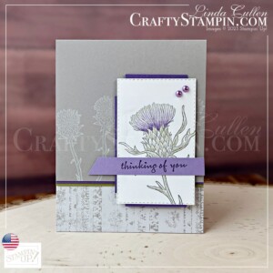 Coffee & Crafts: Beautiful Thistle Card | Join Stampin’ Up! | Frequently Asked Questions about becoming a Stampin’ Up! Demonstrator | Join the Craft Stampin’ Crew | Stampin Up Demonstrator Linda Cullen | Crafty Stampin’ | Purchase Stampin’ Up! Product | FAQ about Paper Pumpkin | FAQ about Kits Collection Beautiful Thistle Cling Stamp Set [160335] | Delicate Desert 12" X 12"Designer Series Paper [160521] | Whisper White Craft Stampin' Ink Refill [101780] | Watercolor Pencils [141709] | Watercolor Pencils Assortment 2 [149014] | Pastel Pearls [154571] | |
