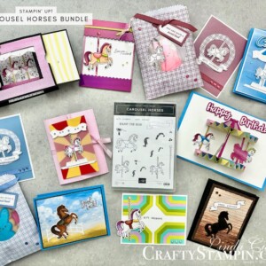 Stampin Scoop Carousel Horses Bundle Episode 162 | Join Stampin’ Up! | Frequently Asked Questions about becoming a Stampin’ Up! Demonstrator | Join the Craft Stampin’ Crew | Stampin Up Demonstrator Linda Cullen | Crafty Stampin’ | Purchase Stampin’ Up! Product | FAQ about Paper Pumpkin | FAQ about Kits Collection | Online Exclusive Products |Carousel Horses Bundle [161466] | Carousel Horses Stamp Set [161463] | Vellum Cardstock [101856] | Bright & Beautiful DSP [161449] | Berry Burst Stampin' Blends [161681] | Carousel Horses Dies [161465] | Stylish Shapes Dies [159183] | Iridescent Pearl Basic Jewels [158987] | Tinsel Gems Four-Pack [161623] |