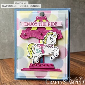 Stampin Scoop Carousel Horses Bundle Episode 162 | Join Stampin’ Up! | Frequently Asked Questions about becoming a Stampin’ Up! Demonstrator | Join the Craft Stampin’ Crew | Stampin Up Demonstrator Linda Cullen | Crafty Stampin’ | Purchase Stampin’ Up! Product | FAQ about Paper Pumpkin | FAQ about Kits Collection | Online Exclusive Products |Carousel Horses Bundle [161466] | Carousel Horses Stamp Set [161463] | Vellum Cardstock [101856] | Bright & Beautiful DSP [161449] | Berry Burst Stampin' Blends [161681] | Carousel Horses Dies [161465] | Stylish Shapes Dies [159183] | Iridescent Pearl Basic Jewels [158987] | Tinsel Gems Four-Pack [161623] |