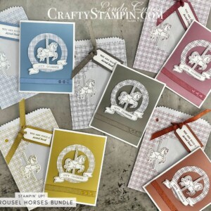 Stampin Scoop Carousel Horses Bundle Episode 162 | Join Stampin’ Up! | Frequently Asked Questions about becoming a Stampin’ Up! Demonstrator | Join the Craft Stampin’ Crew | Stampin Up Demonstrator Linda Cullen | Crafty Stampin’ | Purchase Stampin’ Up! Product | FAQ about Paper Pumpkin | FAQ about Kits Collection | Online Exclusive Products |Carousel Horses Bundle [161466] | Carousel Horses Stamp Set [161463] | Vellum Cardstock [101856] | Bright & Beautiful DSP [161449] | Berry Burst Stampin' Blends [161681] | Carousel Horses Dies [161465] | Stylish Shapes Dies [159183] | Iridescent Pearl Basic Jewels [158987] | Tinsel Gems Four-Pack [161623] |