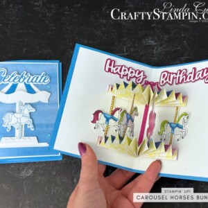 Stampin Scoop Carousel Horses Bundle Episode 162 | Join Stampin’ Up! | Frequently Asked Questions about becoming a Stampin’ Up! Demonstrator | Join the Craft Stampin’ Crew | Stampin Up Demonstrator Linda Cullen | Crafty Stampin’ | Purchase Stampin’ Up! Product | FAQ about Paper Pumpkin | FAQ about Kits Collection | Online Exclusive Products |Carousel Horses Bundle [161466] | Carousel Horses Stamp Set [161463] | Vellum Cardstock [101856] | Bright & Beautiful DSP [161449] | Berry Burst Stampin' Blends [161681] | Carousel Horses Dies [161465] | Stylish Shapes Dies [159183] | Iridescent Pearl Basic Jewels [158987] | Tinsel Gems Four-Pack [161623] |