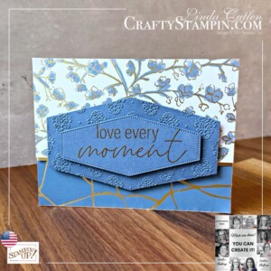 Tri-fold handmade greeting card in Misty Moonlight blue, with gold foil accent and layered sentiment reading “Everyday You & Me” embossed in gold. Designed with Stampin’ Up! Kintsugi Inspirations paper.